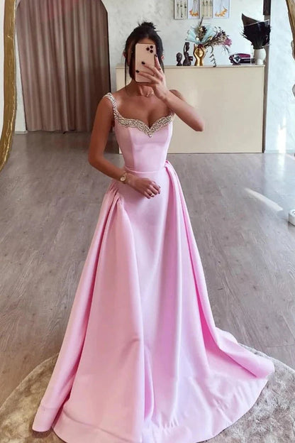 V Neck Floor Length Simple A Line Pink Satin Prom Party Dresses