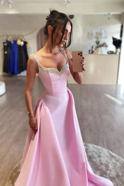 V Neck Floor Length Simple A Line Pink Satin Prom Party Dresses