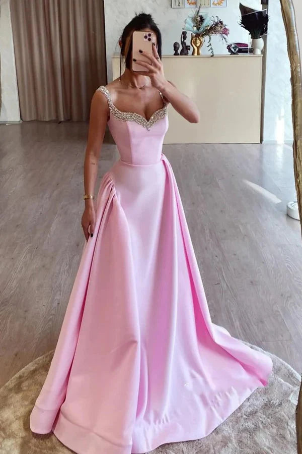 V Neck Floor Length Simple A Line Pink Satin Prom Party Dresses