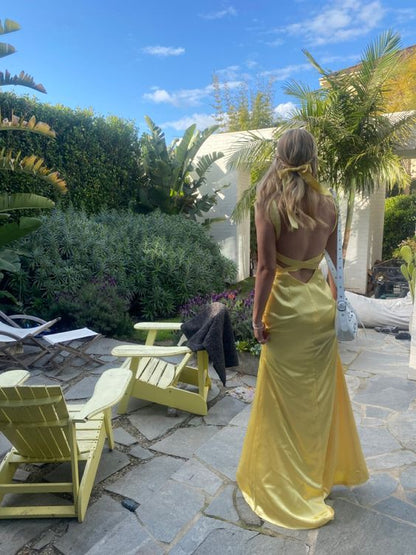 V Neck Mermaid Yellow Silk Satin Evening Backless Party Prom Dress