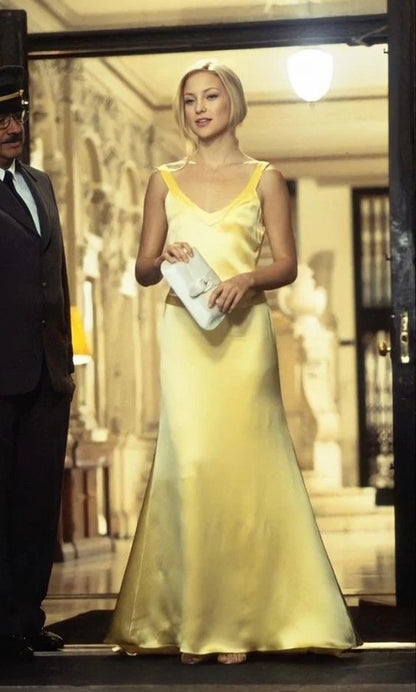 V Neck Mermaid Yellow Silk Satin Evening Backless Party Prom Dress