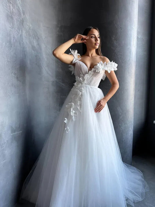 Xuewuba Prom Shop Dresses Handmade Flowers 3D Euro Mesh Corset Wedding Dress Open Shoulder Silhouette Deep V Neckline Romantic Design Formal Women's Dresses