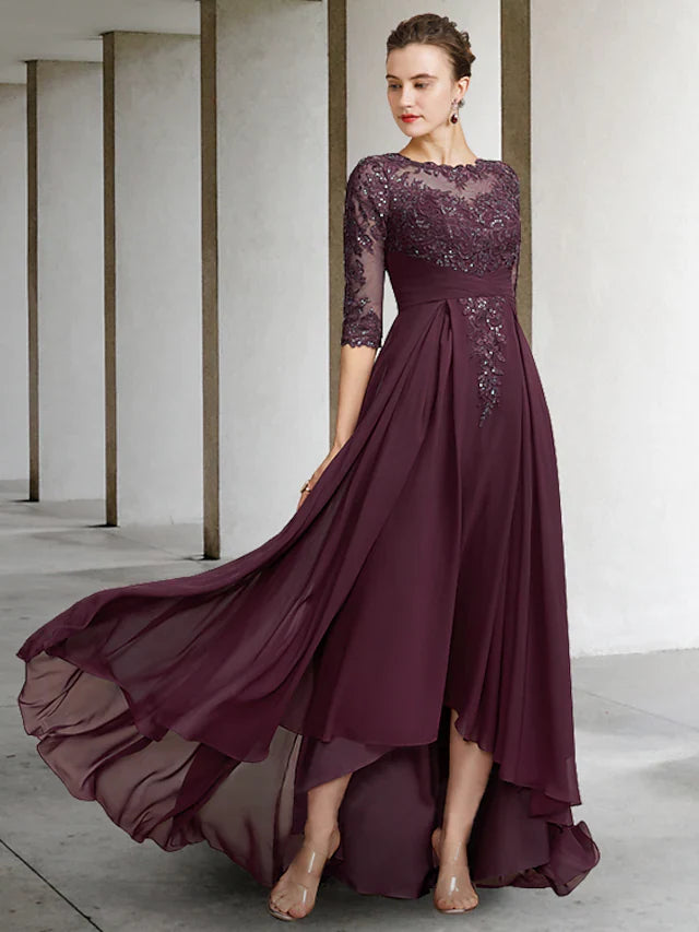 Mother of the Bride Dress Elegant Jewel Neck Asymmetrical Floor Length Chiffon Lace Half Sleeve with Pleats Appliques