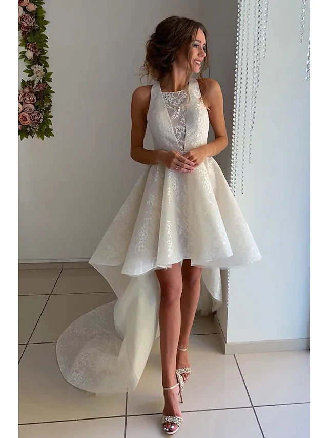 A-Line Wedding Dresses Jewel Neck Asymmetrical Knee Length Lace Organza Sleeveless Country Romantic Cute with Pleats Appliques