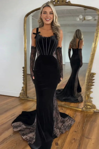 Xuewuba Formal Wear Dresses Black Spaghetti Straps Mermaid Velvet Long Corset Prom Dress Prom Dresses Stores