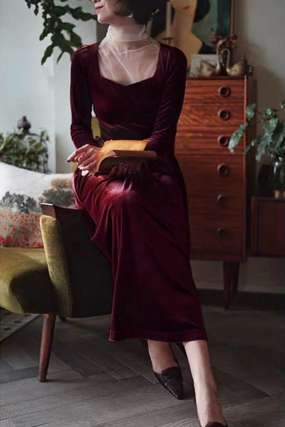 Velvet Maxi Dress Velvet Bridesmaid Dress Velvet Long Sleeve Dress Winter Dress Velvet Vintage Dress Chiffon Sleeve Gift For Her Prom Dress