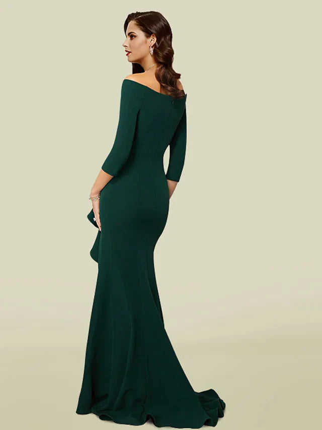 Mermaid Trumpet Mother of the Bride Dress Elegant Sexy V Neck Off Shoulder Court Train Length Sleeve with Draping Split Front