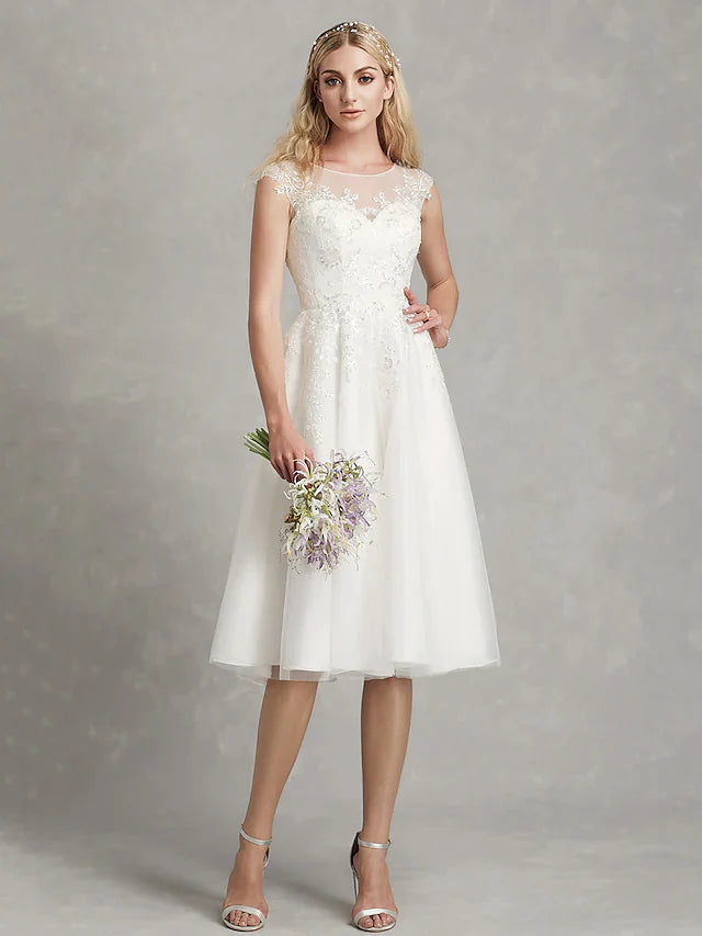 A-Line Wedding Dresses Jewel Neck Tea Length Lace Tulle Cap Sleeve Beautiful Back with Appliques