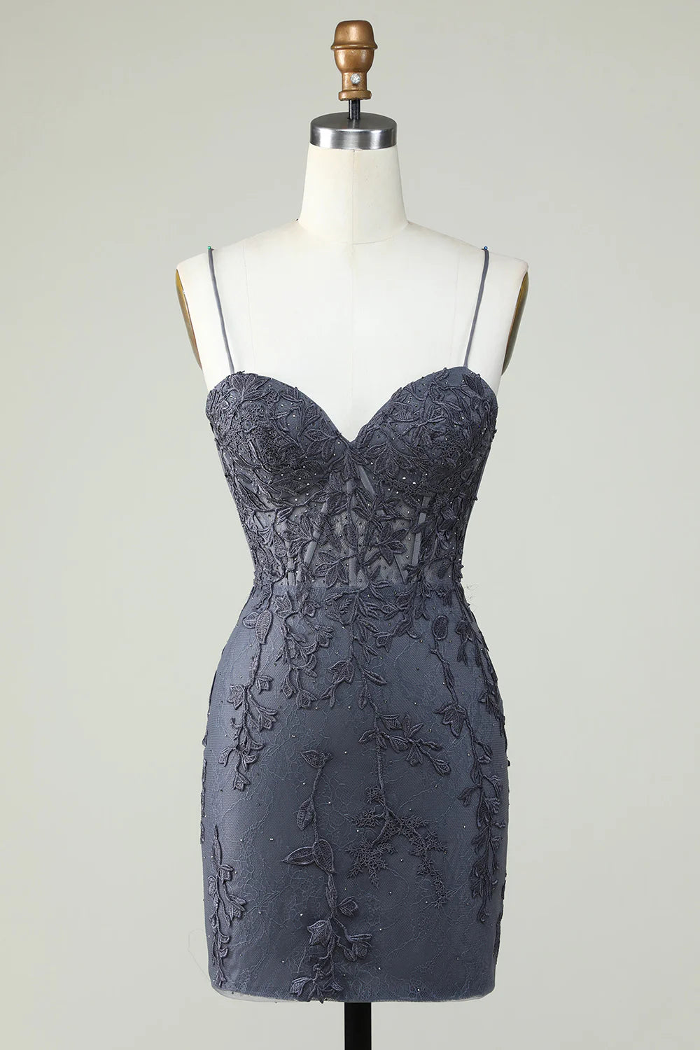 Dark Grey Spaghetti Straps Tight Homecoming Dress With Appliques