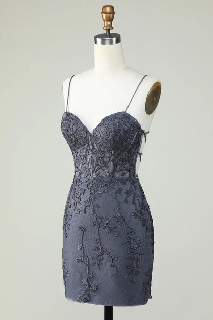 Dark Grey Spaghetti Straps Tight Homecoming Dress With Appliques