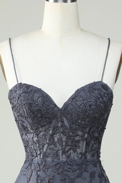 Dark Grey Spaghetti Straps Tight Homecoming Dress With Appliques