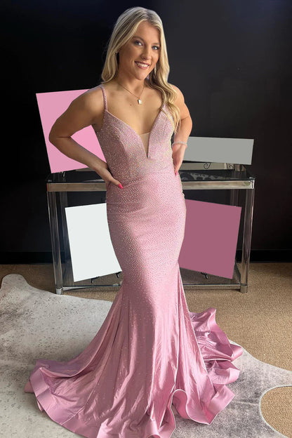 Spaghetti Straps Keyhole Beaded Long  Light Pink  Prom Dress