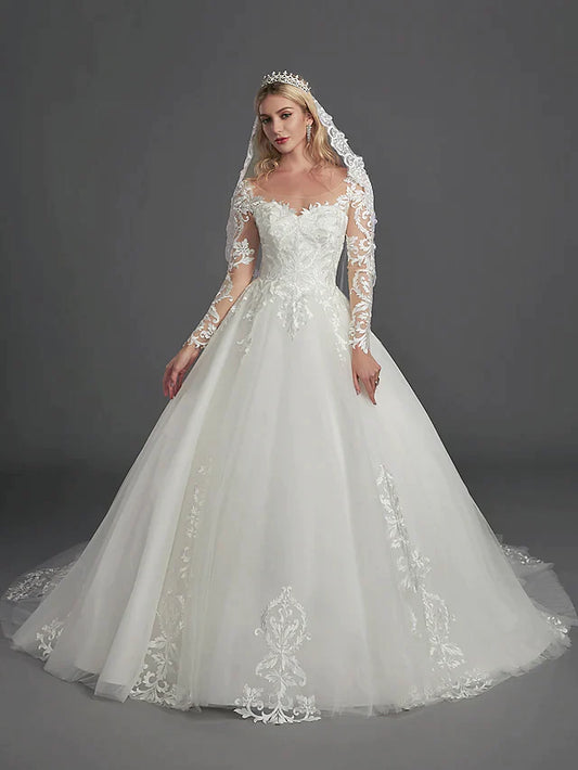 Ball Gown Wedding Dresses Illusion Neck Chapel Train Lace Tulle Long Sleeve Glamorous See-Through Illusion Detail with Buttons Appliques