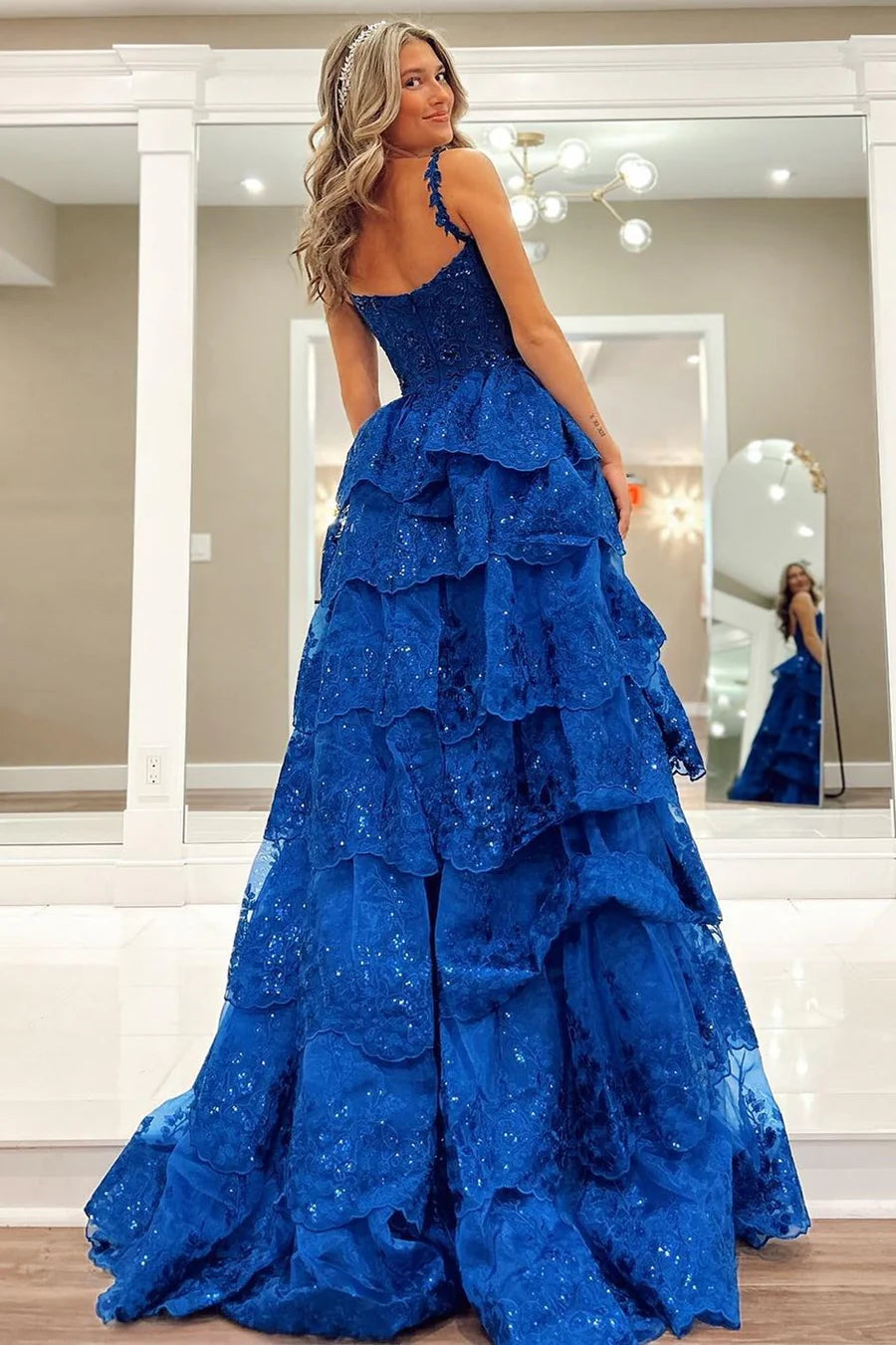 Ruffle Tiered Long Prom Dress With Tulle Sequin