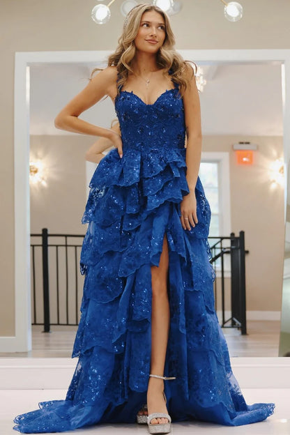 Ruffle Tiered Long Prom Dress With Tulle Sequin