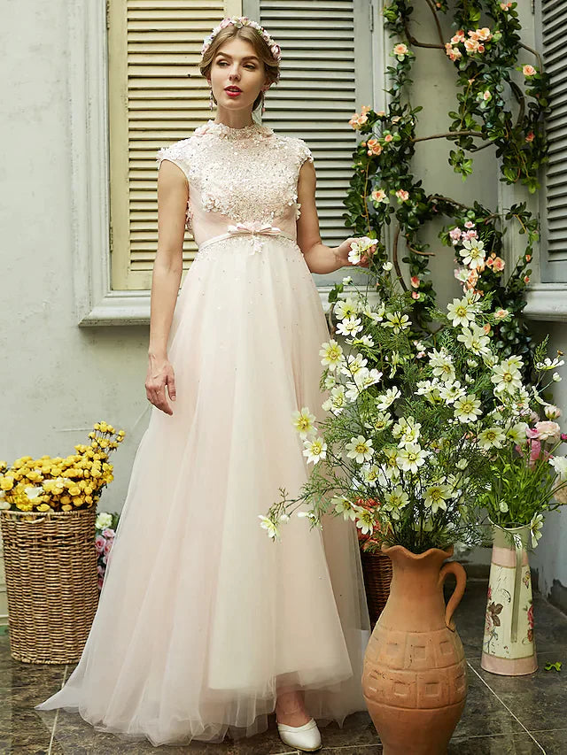 A-Line Wedding Dresses High Neck Sweep Brush Train Tulle Short Sleeve Open Back with Bowknot Sash Ribbon Beading