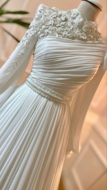 Wedding Dress Long Sleeves With Pearls Chiffon Appliques Long Pleated Bridal Gowns