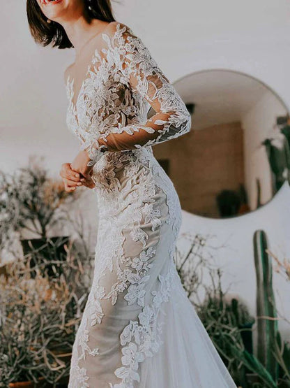 White Wedding Dress Illusion Neckline Long Sleeves Backless Lace With Train Long Bridal Mermaid Dress