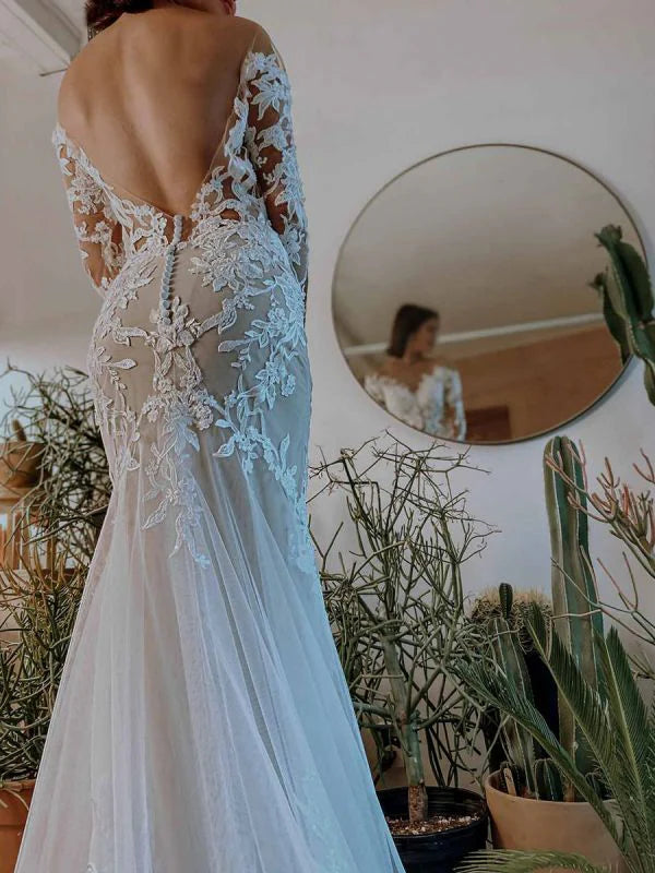 White Wedding Dress Illusion Neckline Long Sleeves Backless Lace With Train Long Bridal Mermaid Dress