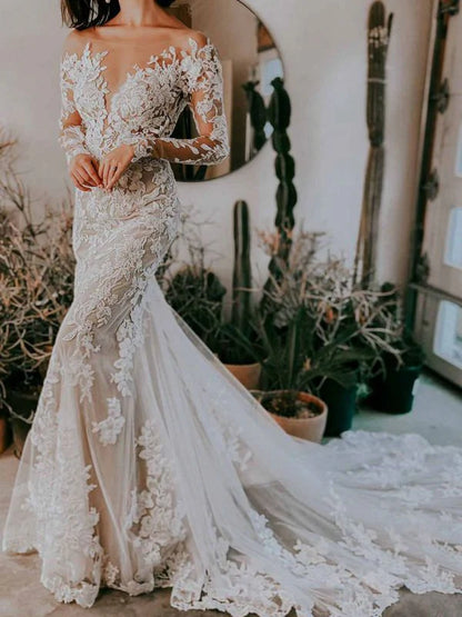 White Wedding Dress Illusion Neckline Long Sleeves Backless Lace With Train Long Bridal Mermaid Dress