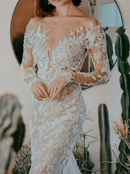 White Wedding Dress Illusion Neckline Long Sleeves Backless Lace With Train Long Bridal Mermaid Dress