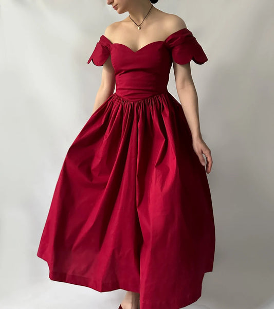 Wine Off Shoulder Gorgeous Dress Tea-Length Big Bow Prom gown