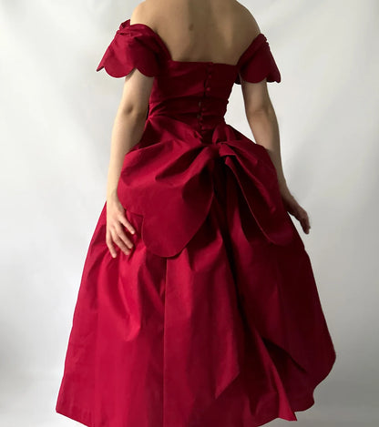 Wine Off Shoulder Gorgeous Dress Tea-Length Big Bow Prom gown