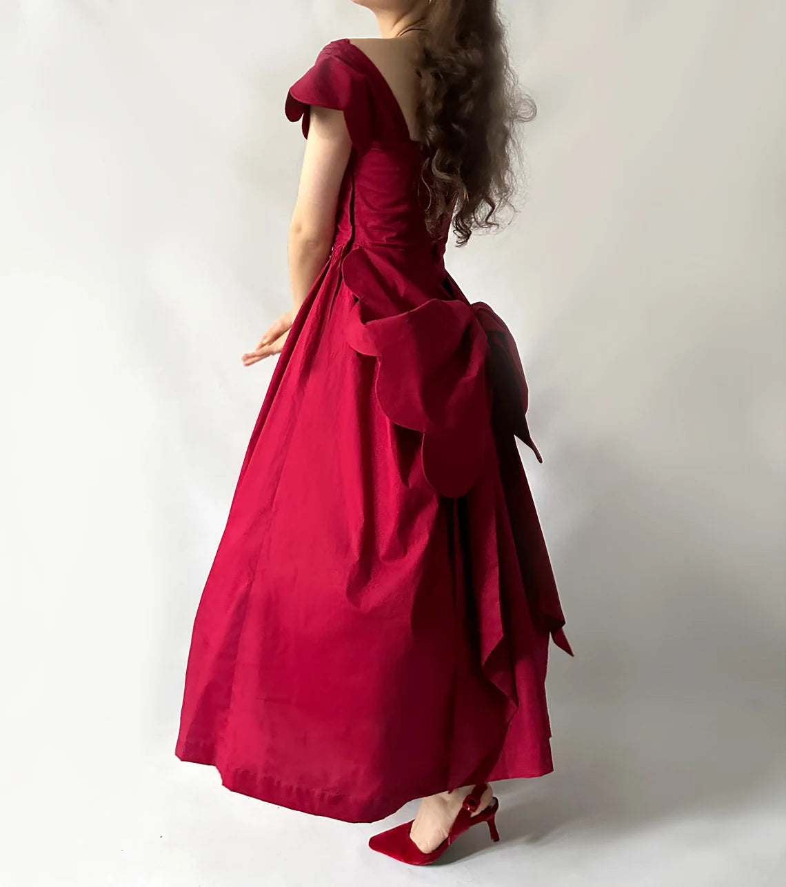 Wine Off Shoulder Gorgeous Dress Tea-Length Big Bow Prom gown