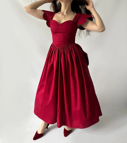 Wine Off Shoulder Gorgeous Dress Tea-Length Big Bow Prom gown