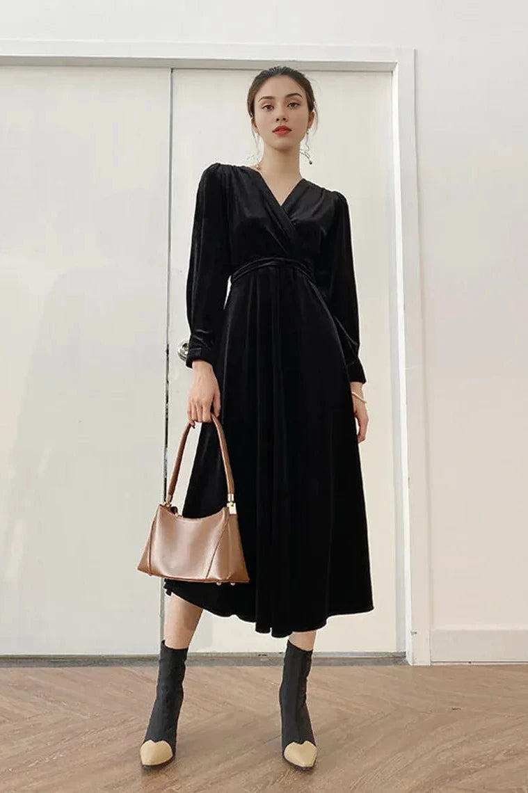 Women Velvet Dress V Neck Midi Dress Long Sleeves Dress Winter Wrap Dress Plus Size Clothing Party Wedding Dress