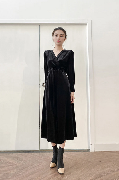 Women Velvet Dress V Neck Midi Dress Long Sleeves Dress Winter Wrap Dress Plus Size Clothing Party Wedding Dress