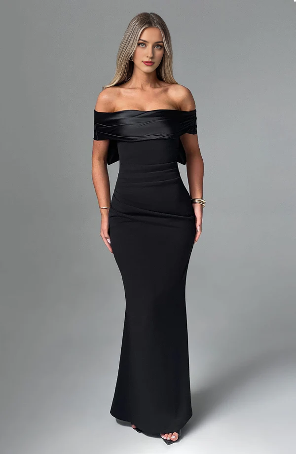 Women's Dresses Backless Strapless Maxi Dress Solid Black Off-shoulder Sleeveless With Bow Bodycon Club Party Long Prom Dress Elegant