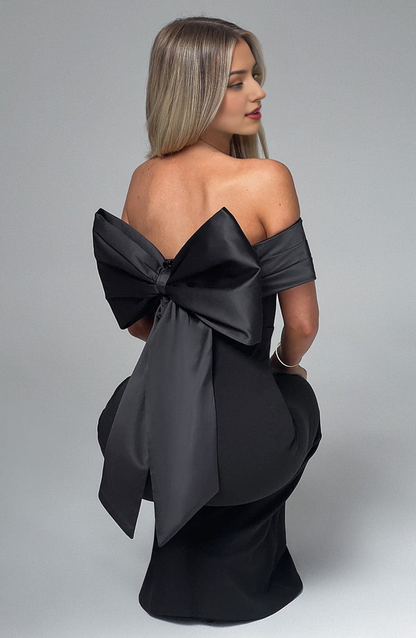 Women's Dresses Backless Strapless Maxi Dress Solid Black Off-shoulder Sleeveless With Bow Bodycon Club Party Long Prom Dress Elegant