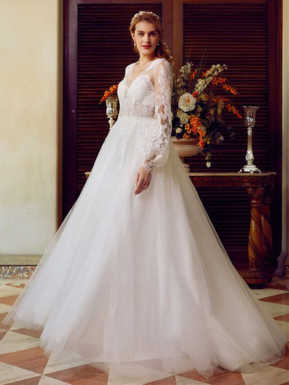 A-Line Wedding Dresses V Neck Lace Tulle Long Sleeve See-Through with Appliques