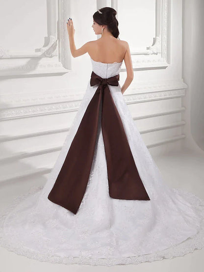 A-Line Wedding Dresses Strapless Chapel Train Lace Satin Tulle Strapless with Sashes Ribbons Bow(s) Beading