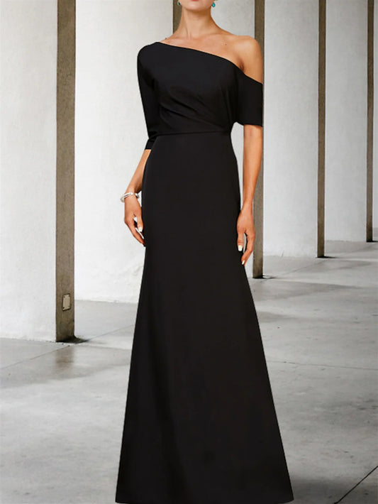 A-Line One-Shoulder 3/4 Length Sleeves Floor-Length Mother Of The Bride Dresses