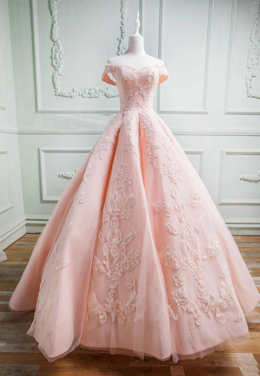 Off the Shoulder Pink Lace Long A-Line Prom Dresses