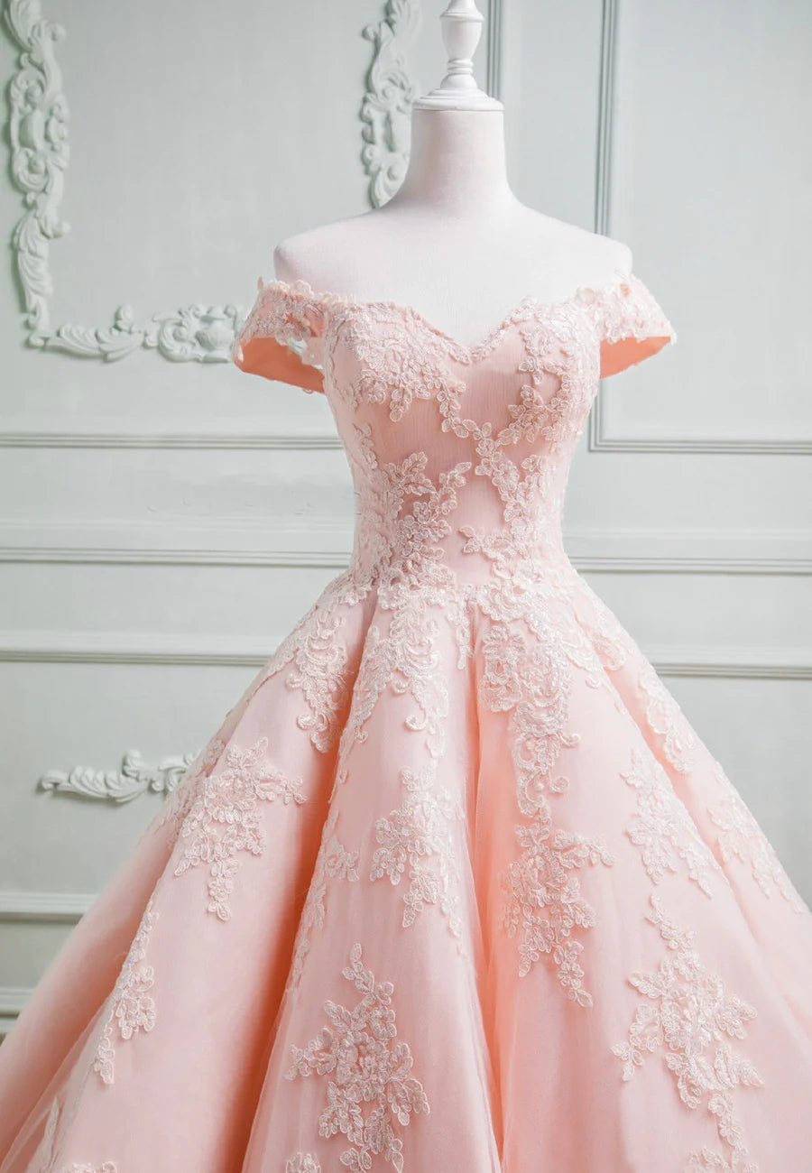 Off the Shoulder Pink Lace Long A-Line Prom Dresses