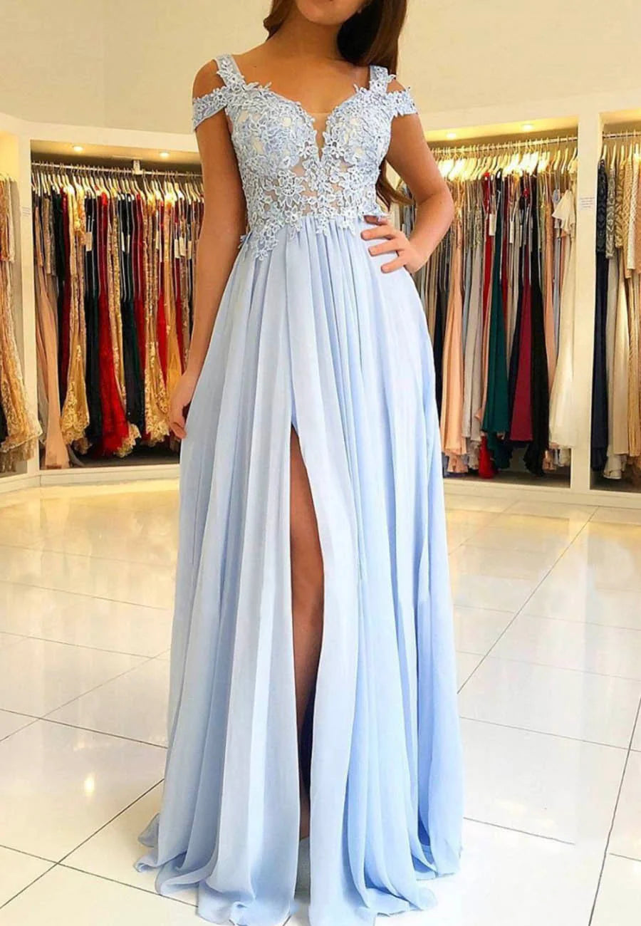 A-Line Blue Chiffon Lace Long Prom Dresses