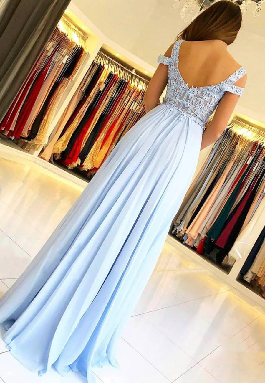 A-Line Blue Chiffon Lace Long Prom Dresses