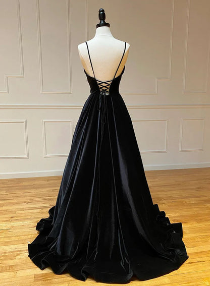 Black A-Line Simple Long Prom Dresses