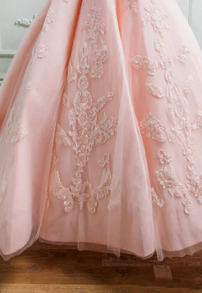 Off the Shoulder Pink Lace Long A-Line Prom Dresses