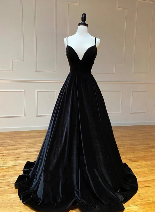 Black A-Line Simple Long Prom Dresses