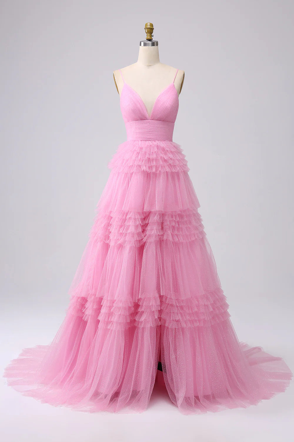 A Line Spaghetti Straps Tiered Prom Dress