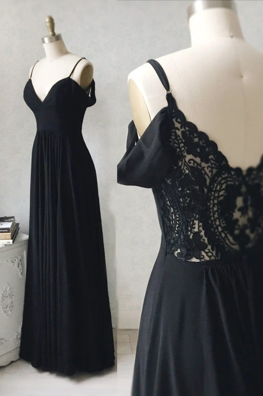 A-Line Black Chiffon Lace Long Prom Dresses