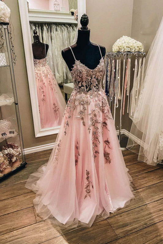 Lovely A-Line Pink Tulle Lace Long Prom Dresses