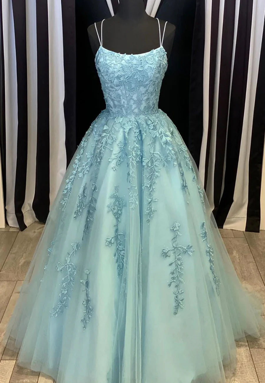 A-Line Formal Blue Lace Long Prom Dresses