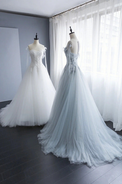 A-Line Tulle Lace Long Prom Dresses