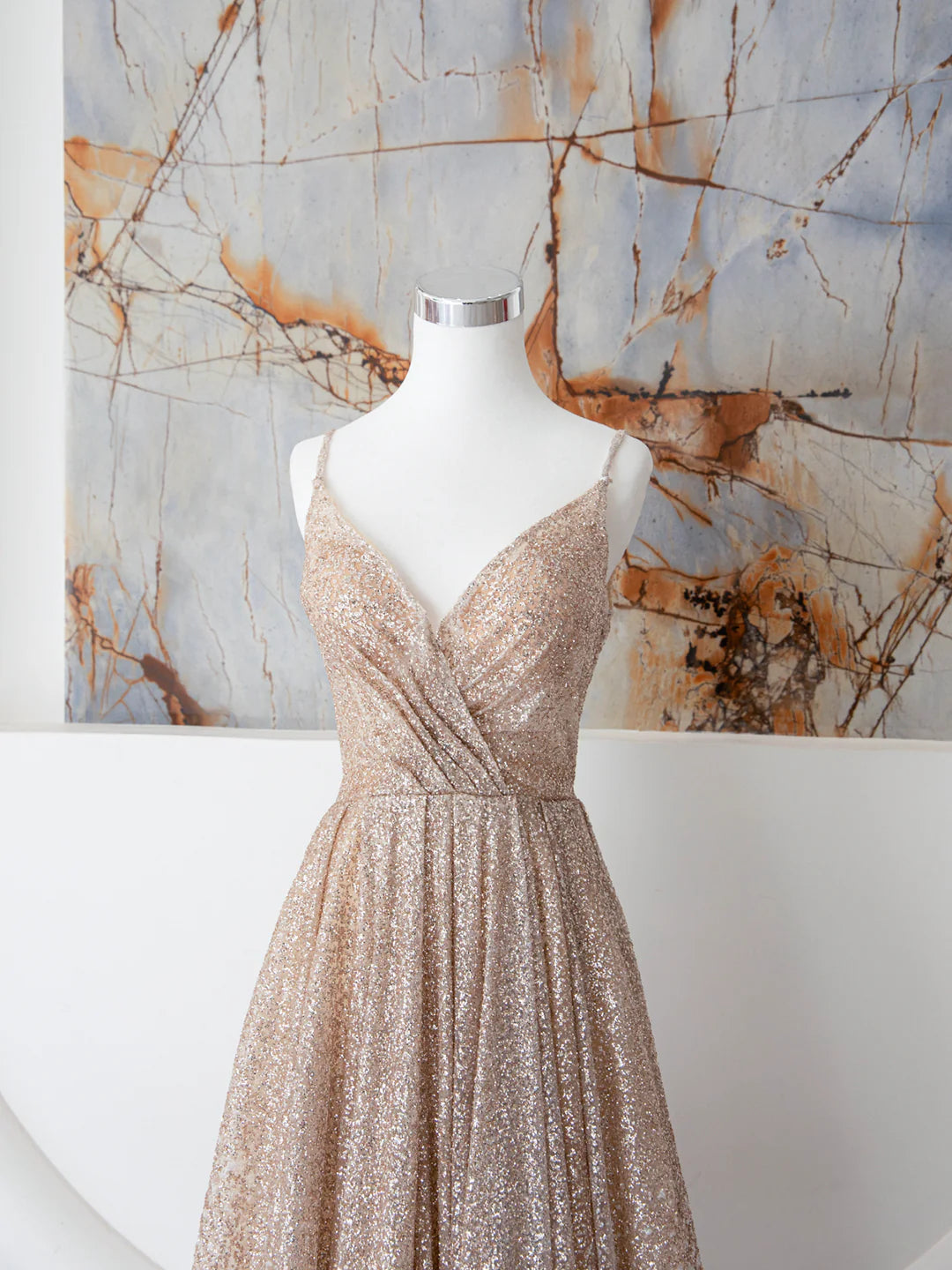 Champagne Spaghetti Strap Sequins Long Prom Dress