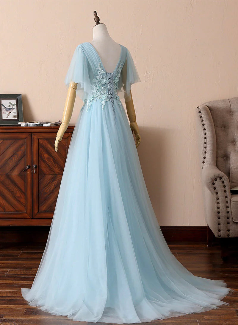 A-Line Blue V-Neck Lace Long Prom Dresses